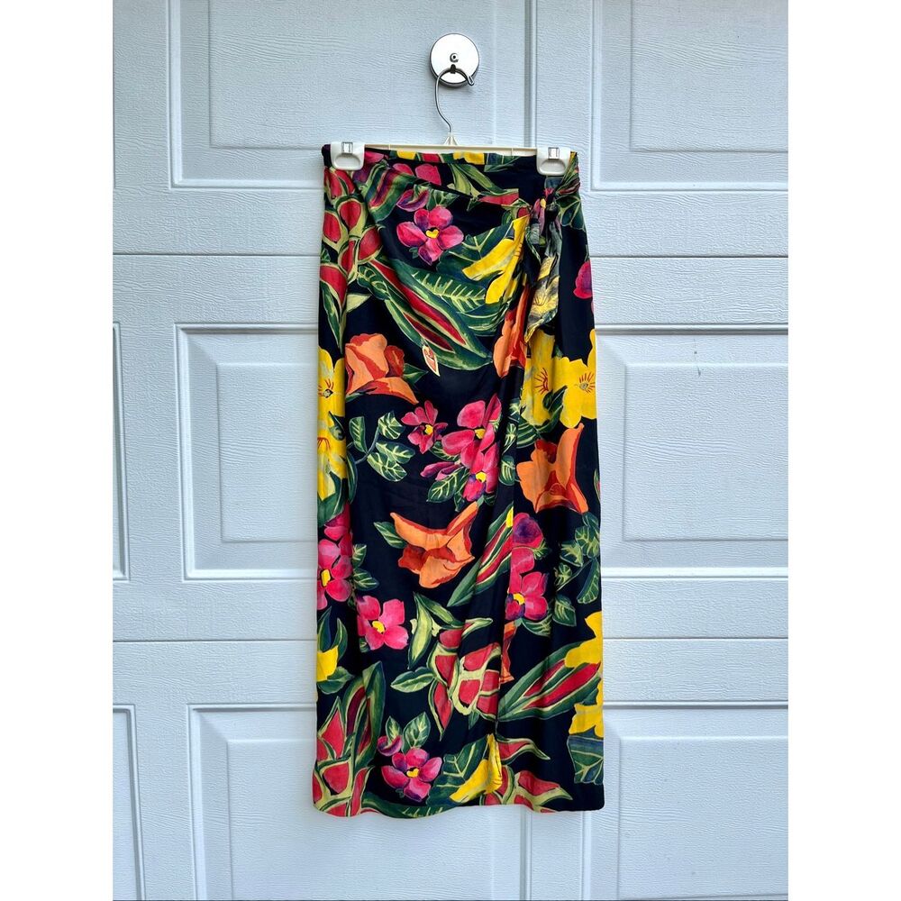 VTG Tropical Floral Sarong Wrap Midi Skirt Hawaiian Resort Cruise XS/S USA